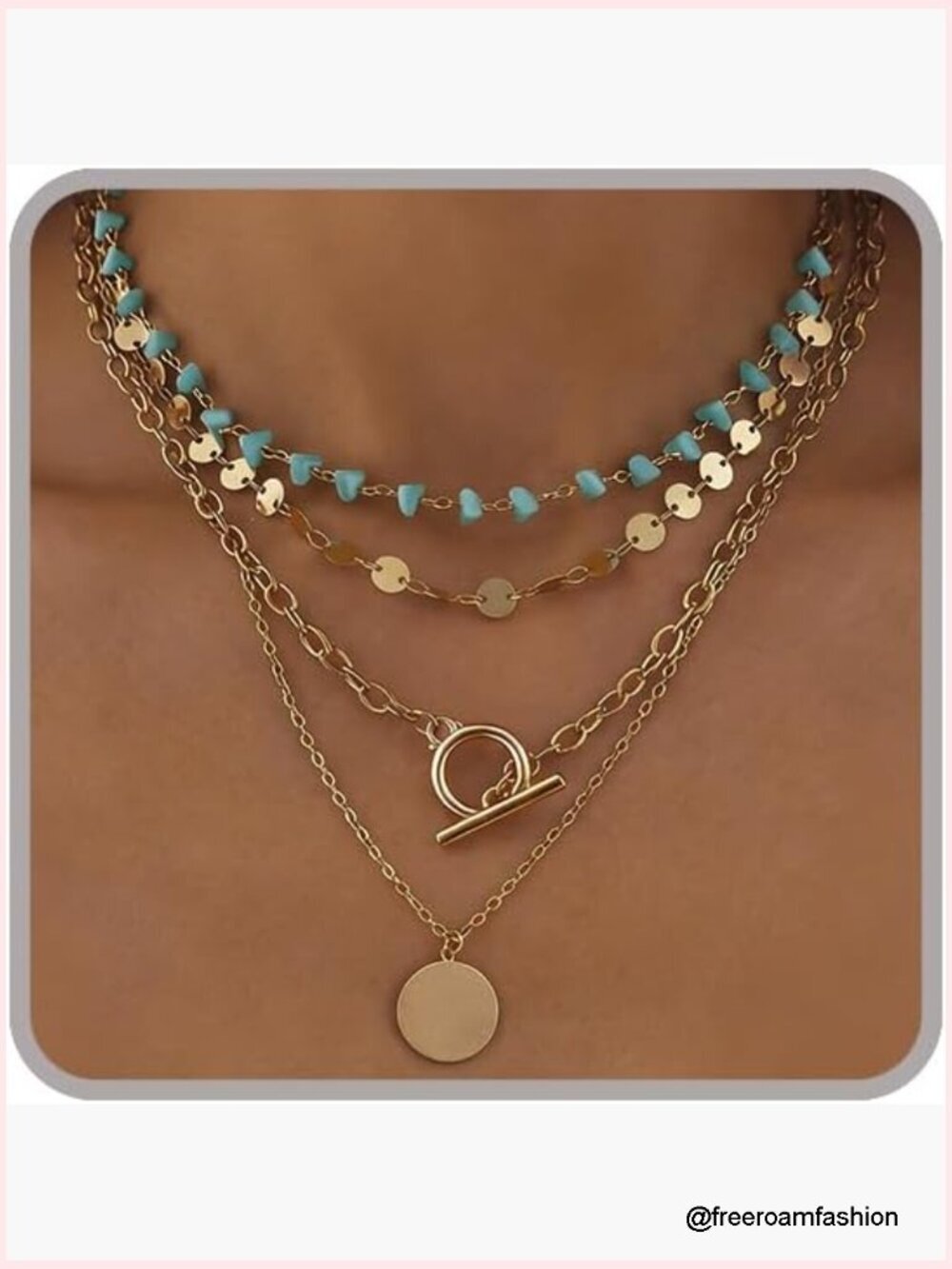 Layered Turquoise Bead Choker Necklace with Coin Pendant and Sequin Tassel